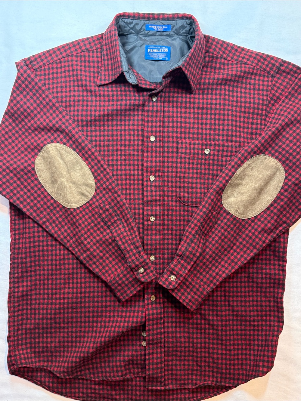 Pendleton Trail Shirt Wool Buffalo Check Elbow Patch Red Black L